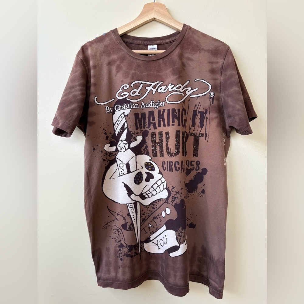 Ed Hardy - Y2K Era Brown Skull Graphic Tee - Size L - Picture 2 of 15